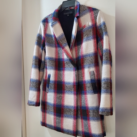 Endless Rose plaid wool blend pea coat in red, blue, black & white, S - Picture 2 of 10